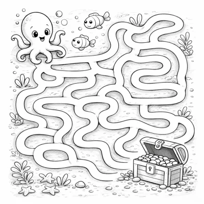 Лабиринт с октопод и съкровище – морска картинка за оцветяване за деца