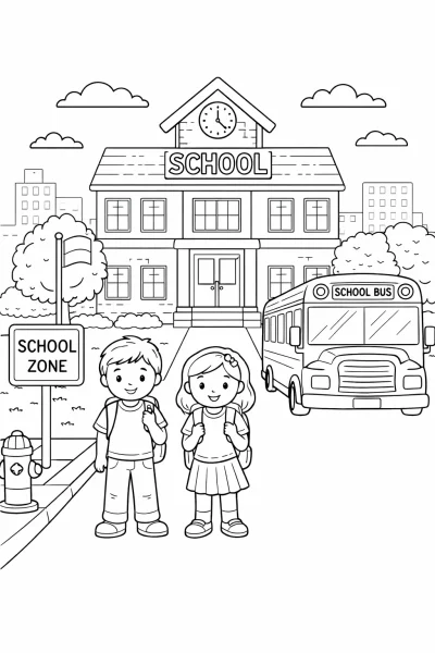 Картинка за оцветяване Училище – безплатна за печат с училищна сграда и автобус за деца