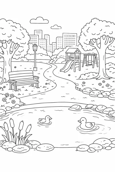 Градски парк – картинка за оцветяване за деца (безплатна за печат)