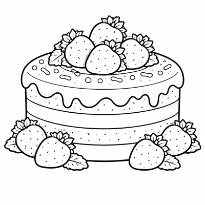 Cake with Strawberries Coloring Page – Cute Printable Strawberry Cake for Kids