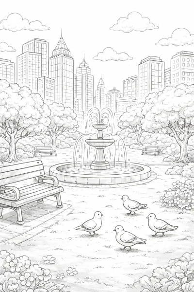 City Park with Fountain – Challenging Coloring Page for Kids