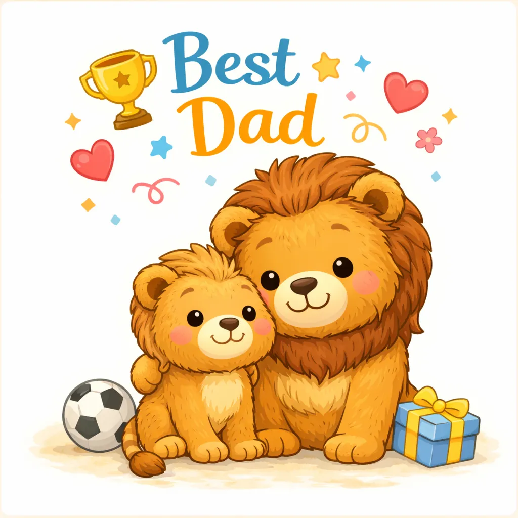 Süßer Löwe und Löwenbaby auf einer Bester-Papa-Karte mit Pokal, Fußball und Geschenkbox