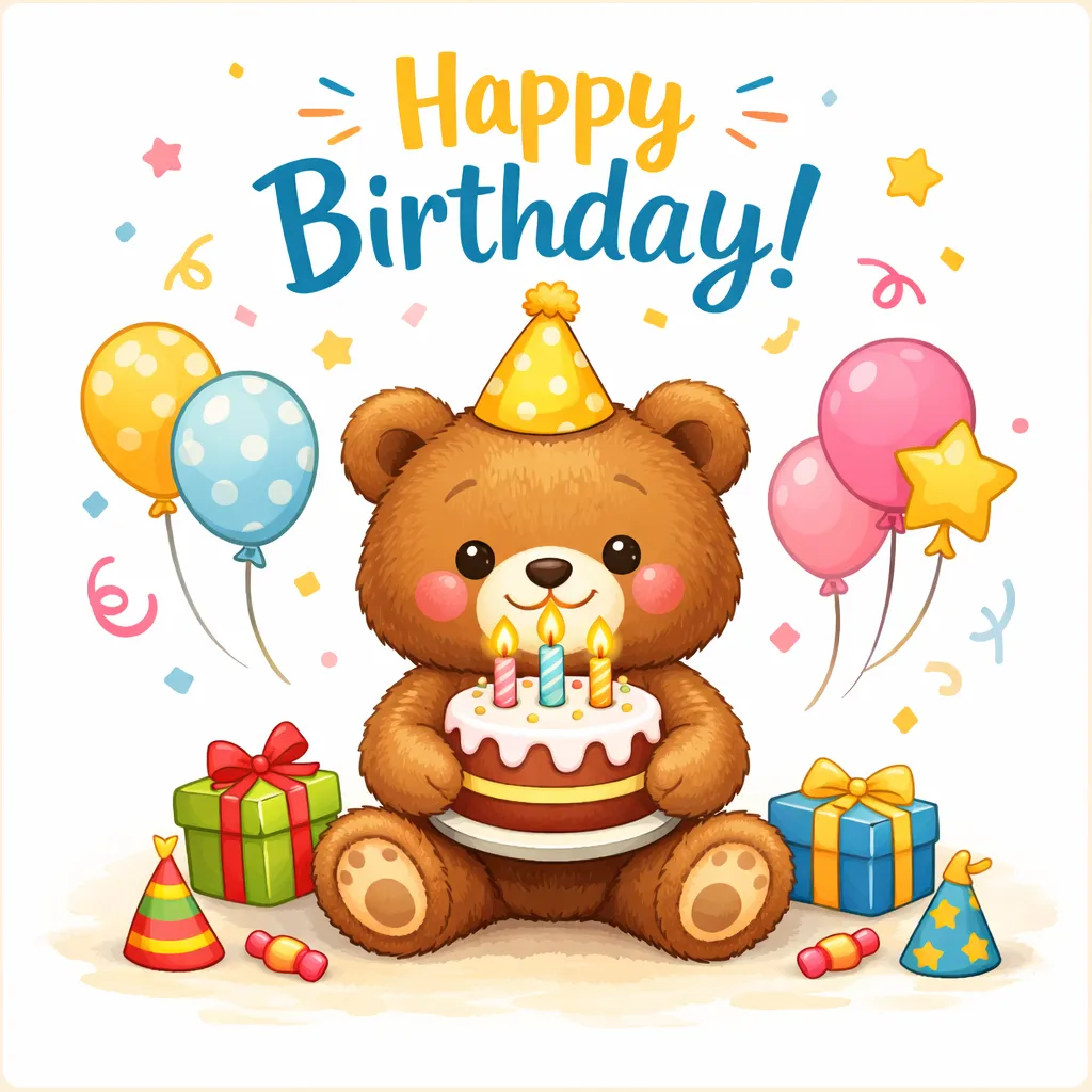 Niedlicher Teddybär, der eine Geburtstagstorte mit Kerzen hält, umgeben von Luftballons und Geschenken auf einer fröhlichen Geburtstagskarte