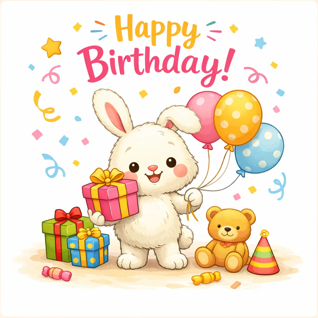 Lapin mignon tenant un cadeau et des ballons sur une carte d’anniversaire joyeuse avec des cadeaux et des décorations de fête