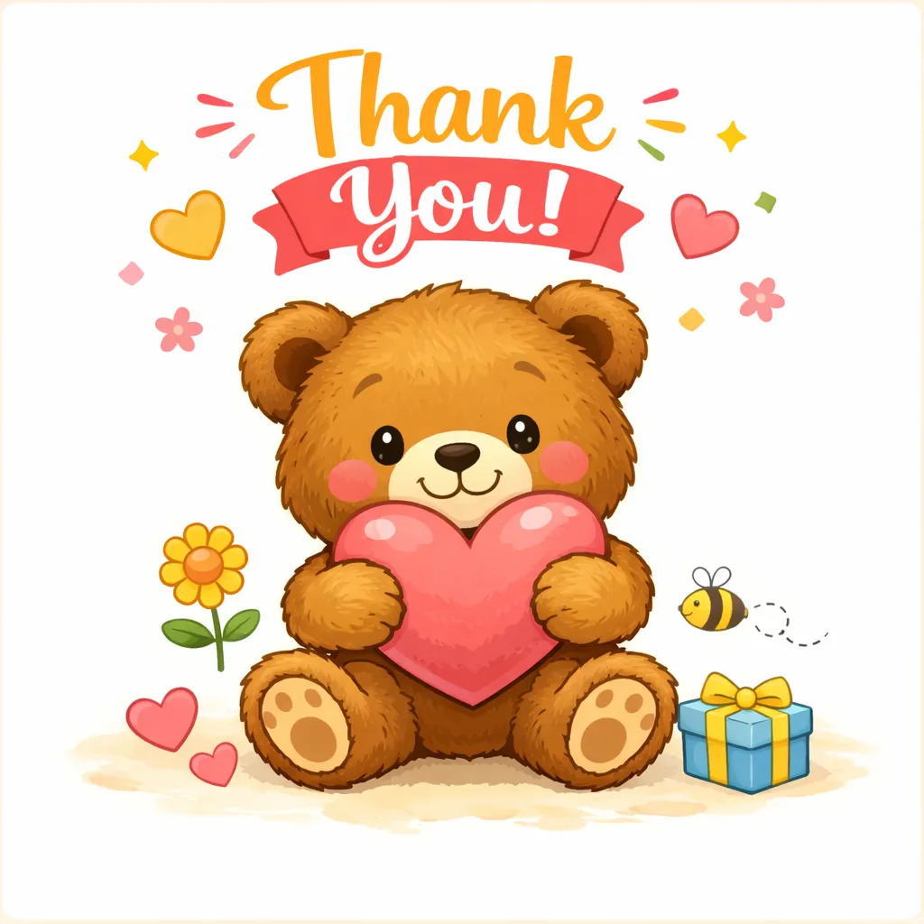 Niedlicher Teddybär, der auf einer Dankeskarte ein rosa Herz hält, mit Blumen und einer Geschenkbox