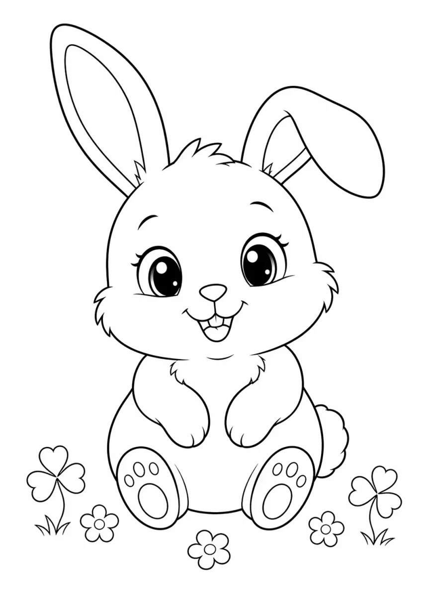 Cute farm animals coloring page with a smiling bunny sitting among flowers and clover