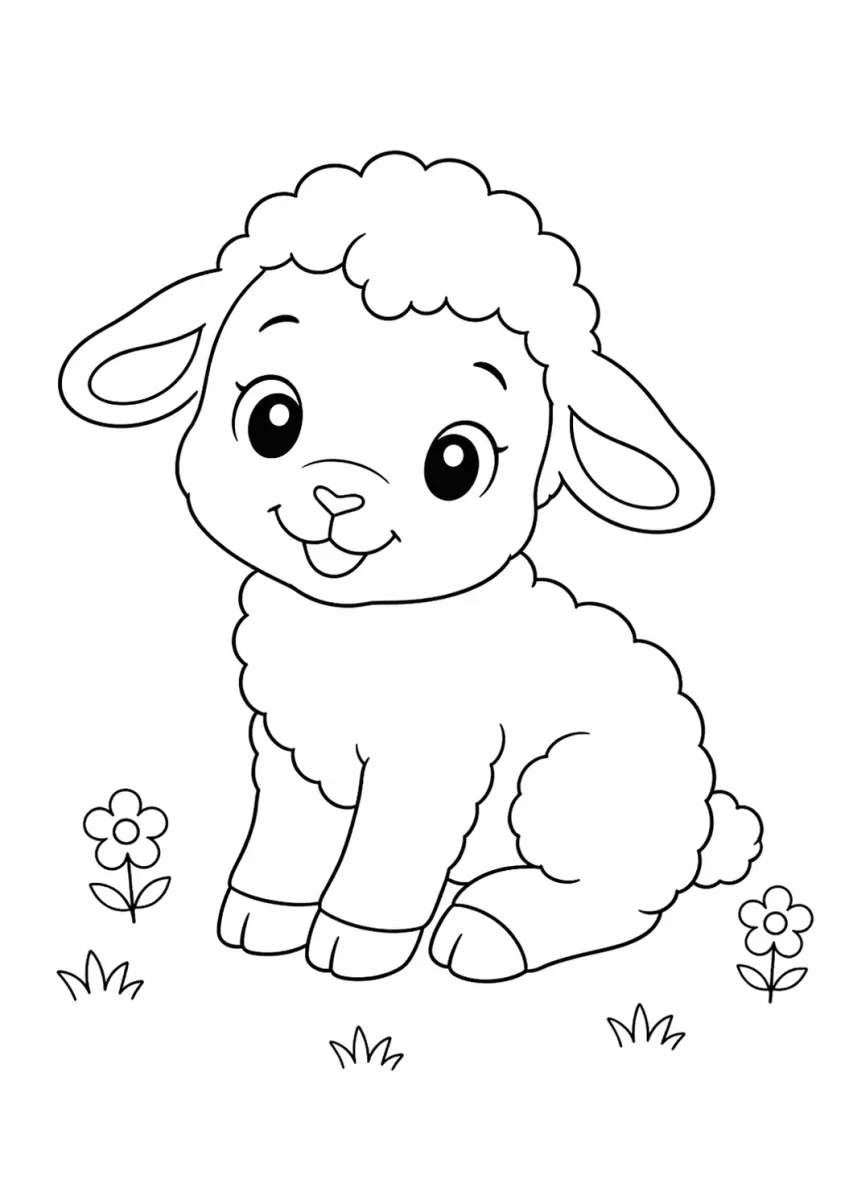 Cute farm animals coloring page with an adorable baby lamb sitting with flowers