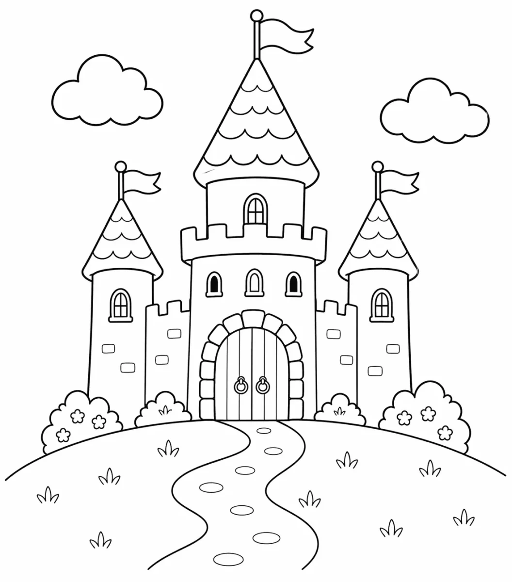 Cute castle coloring page with towers, flags, clouds, flowers, grass, and a winding path on a small hill