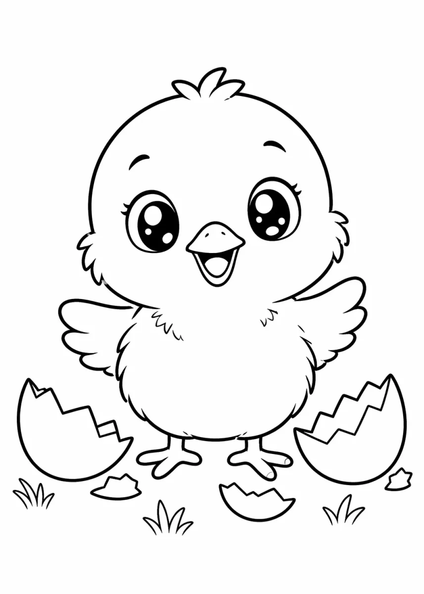 Cute farm animals coloring page with a baby chick and cracked eggshell pieces