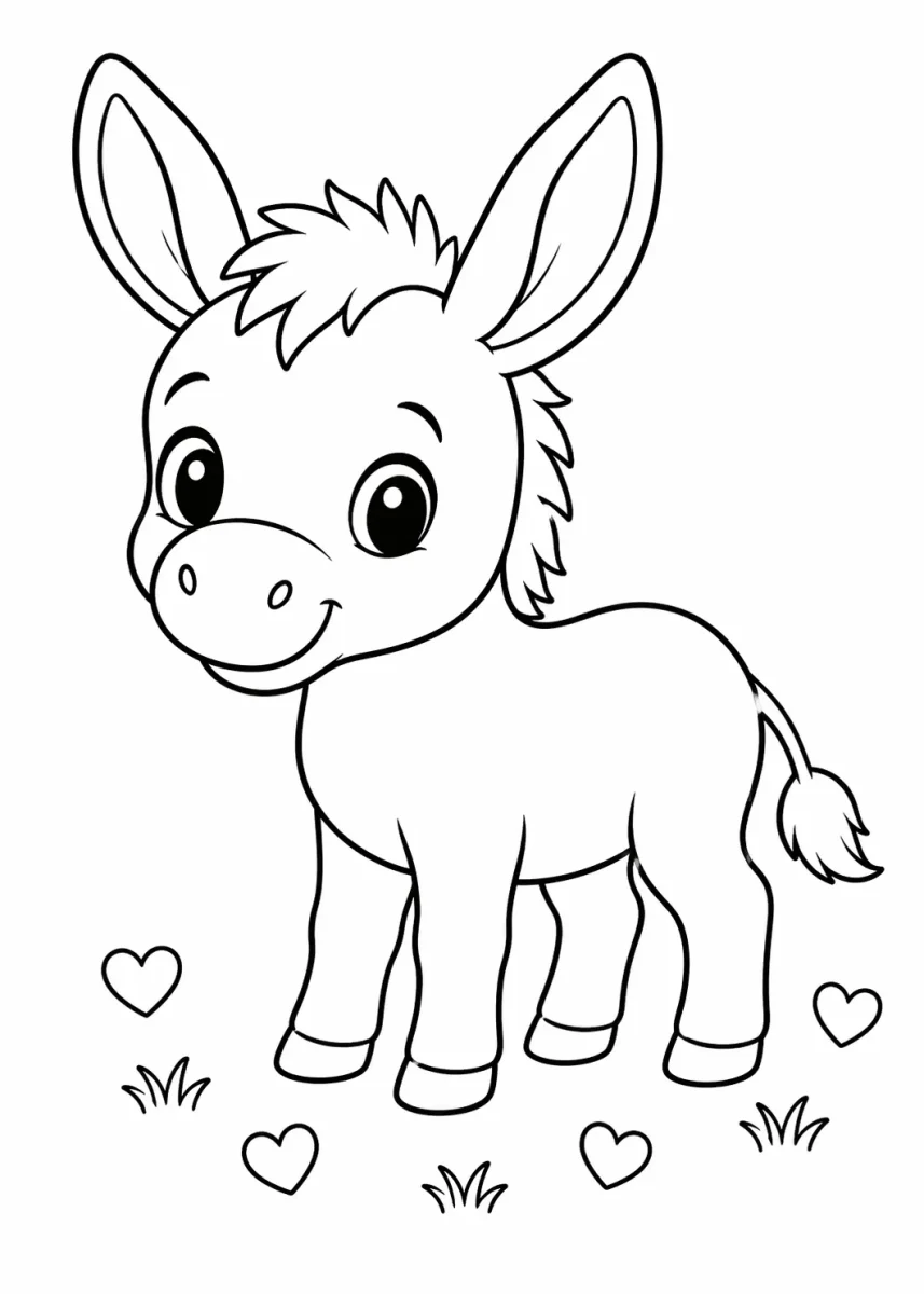 Cute farm animals coloring page with a smiling baby donkey and small hearts
