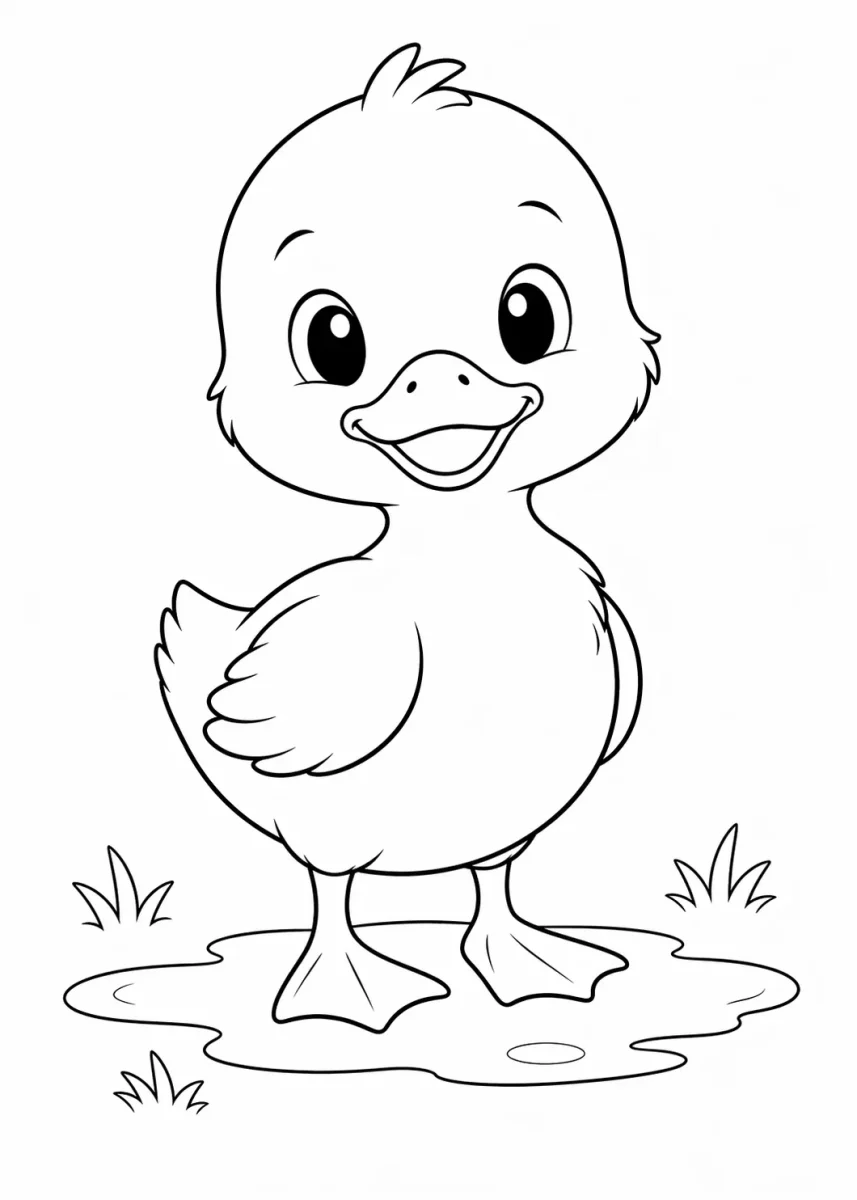Cute farm animals coloring page with a smiling baby duckling standing in a puddle