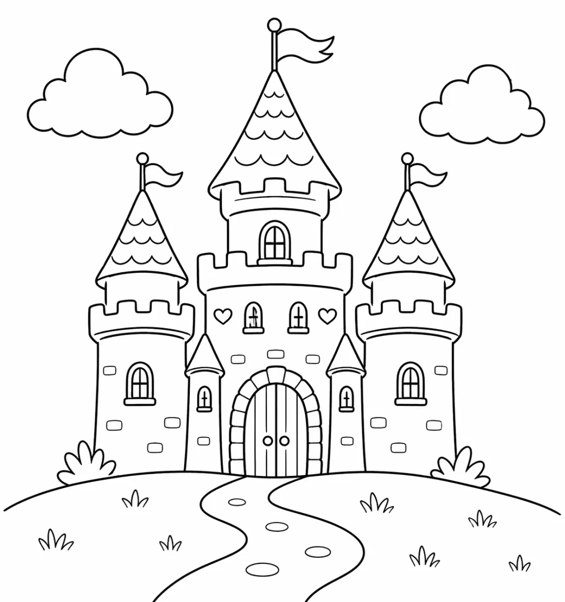 Disegno da colorare castello delle fiabe carino con torri alte, bandiere, nuvole, cuori, erba e un sentiero sinuoso
