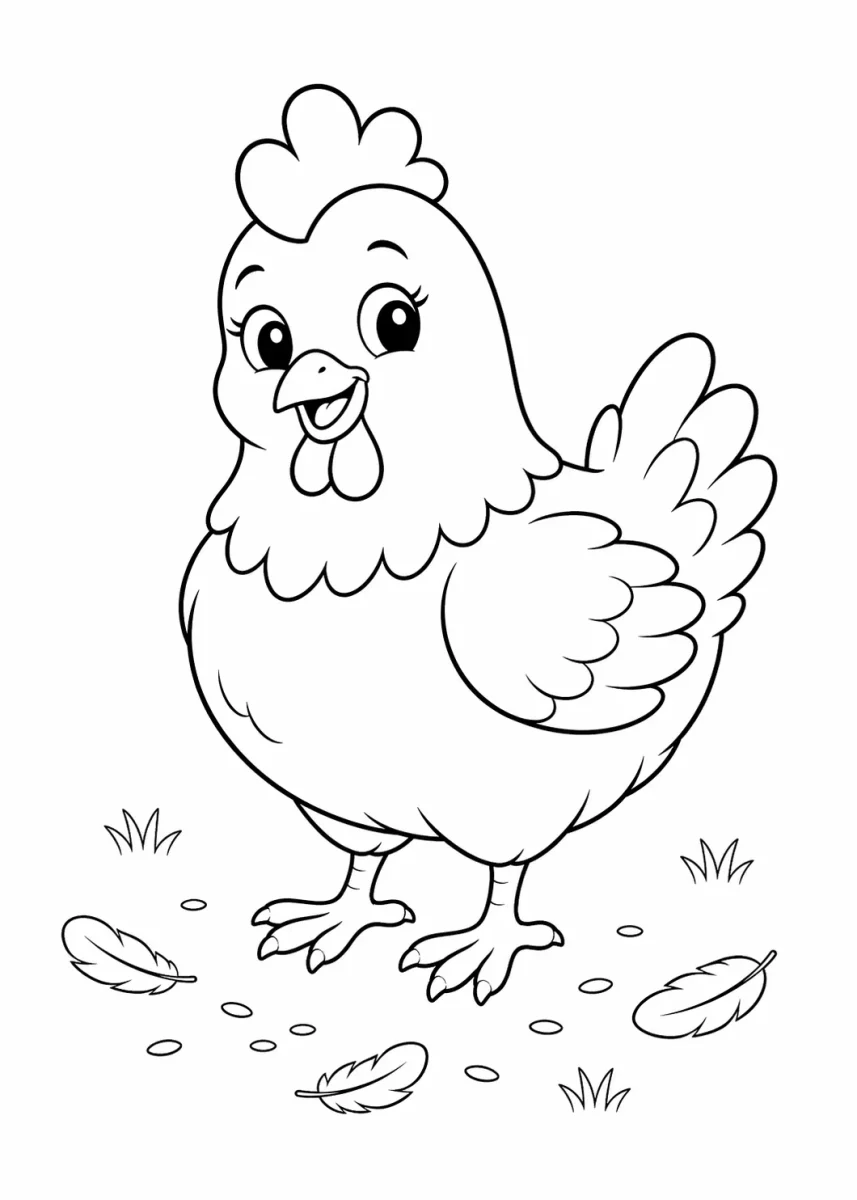 Cute farm animals coloring page with a smiling hen and scattered feathers and grain