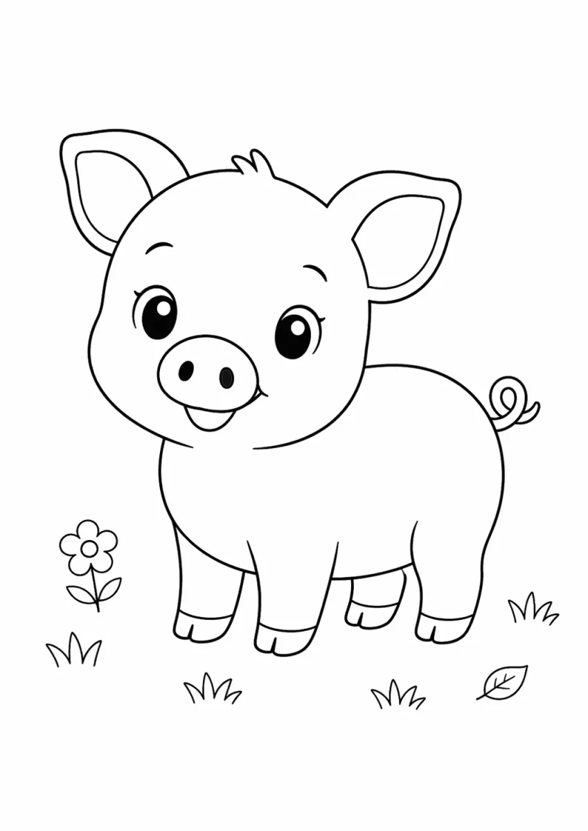 Cute farm animals coloring page with a smiling piglet and a small flower