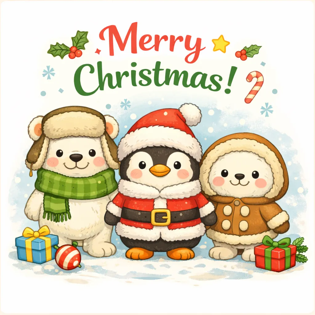 Süße Weihnachtskarte mit Pinguin im Weihnachtsmann-Outfit und zwei Tierfreunden in warmer Winterkleidung im Schnee