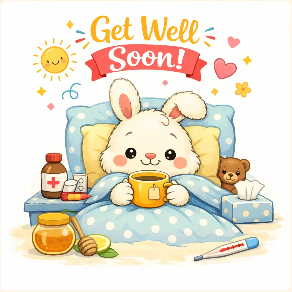 Niedliches Häschen im Bett mit einer Tasse Tee auf einer Gute-Besserungskarte mit Medizin, Taschentüchern und Thermometer