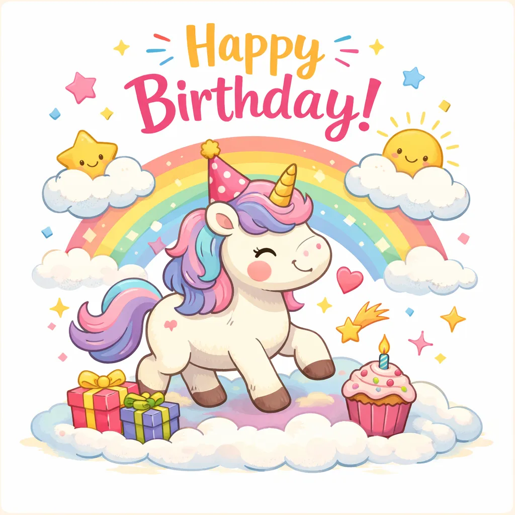 Tarjeta de cumpleaños de unicornio con arcoíris, nubes, regalos y un cupcake con vela