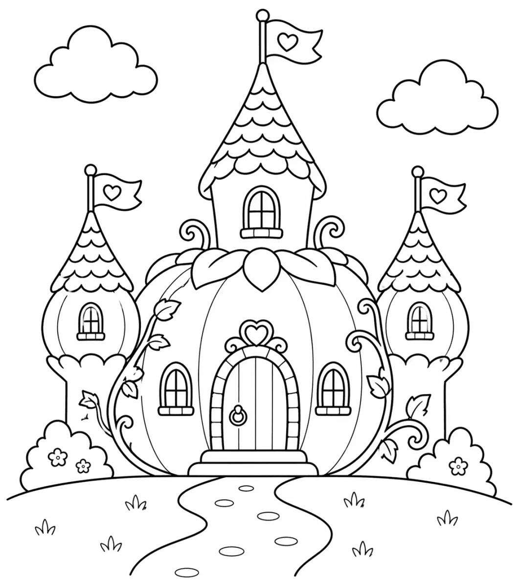 Disegno da colorare castello di zucca fiabesco con bandierine con cuori, torri, viticci, fiori, nuvole e un sentiero sinuoso in un prato