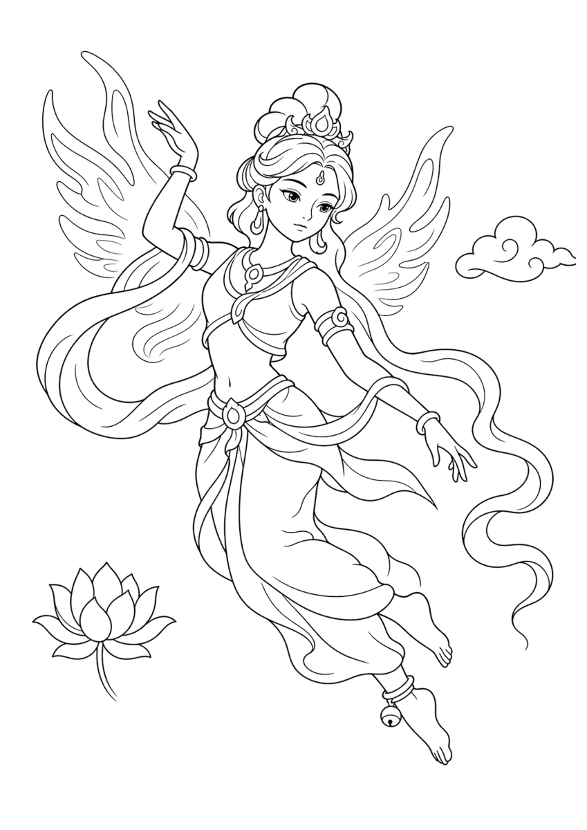 Danzatrice celeste Apsara da colorare per bambini - gratis da stampare