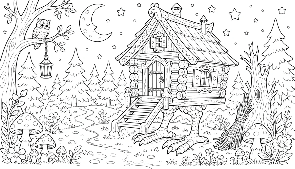 Çocuklar için Baba Yaga kulübesi boyama sayfası
