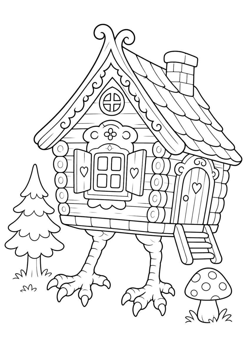 Baba Yaga hut coloring page for kids, free printable fairy tale coloring page