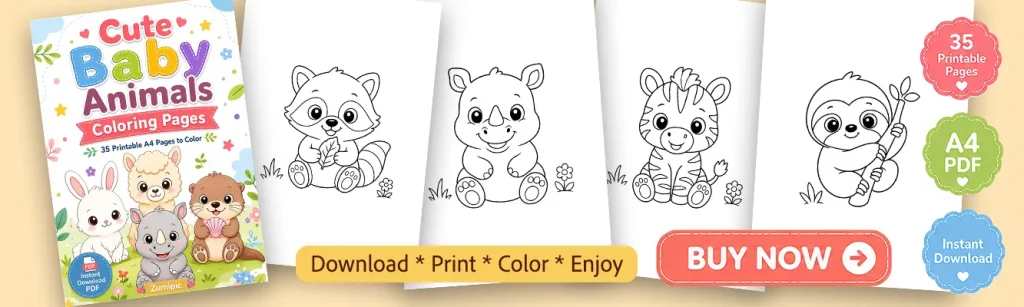 Cute Baby Animals Coloring Pages printable PDF with sweet animal illustrations for kids.