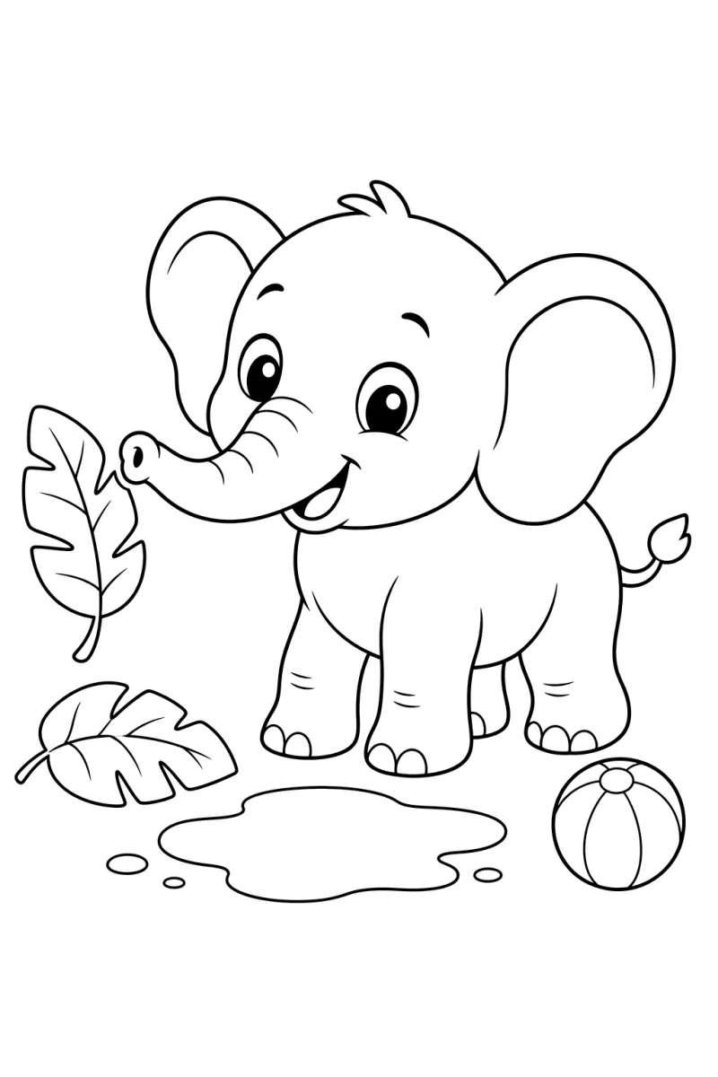 Página para colorear de elefante bebé con charco para niños