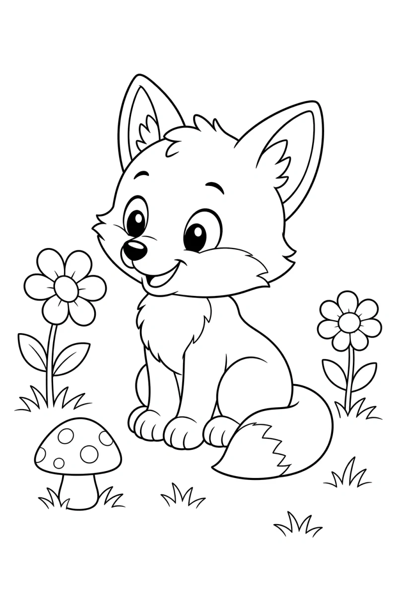 Baby Fox in Meadow Coloring Page for Kids