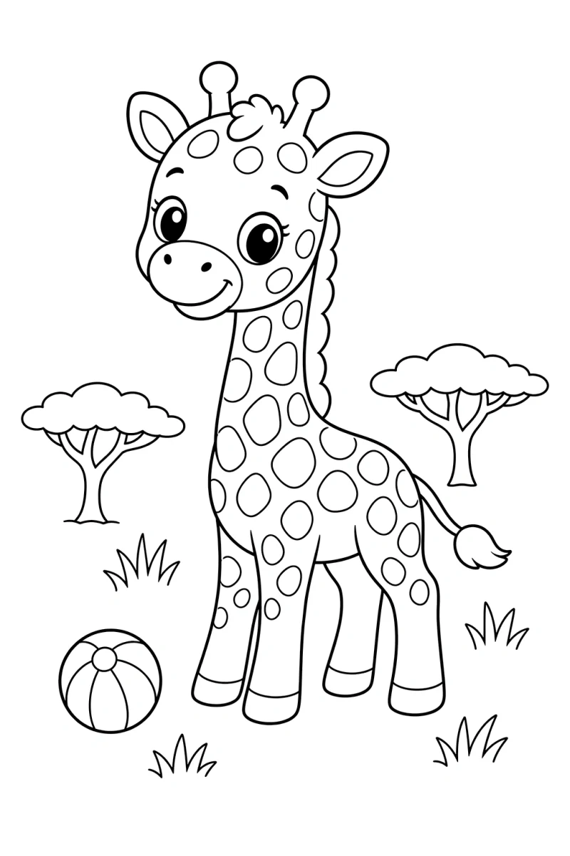 Baby Giraffe with Grass Coloring Page for Kids