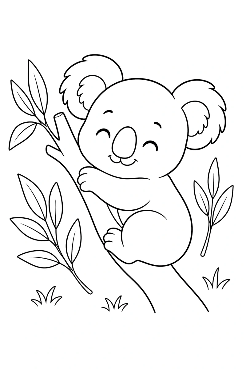 Dibujo para colorear de koala bebé con eucalipto para niños