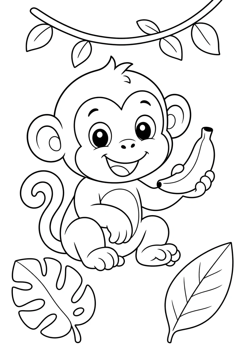 Página para colorear de mono bebé con banana para niños