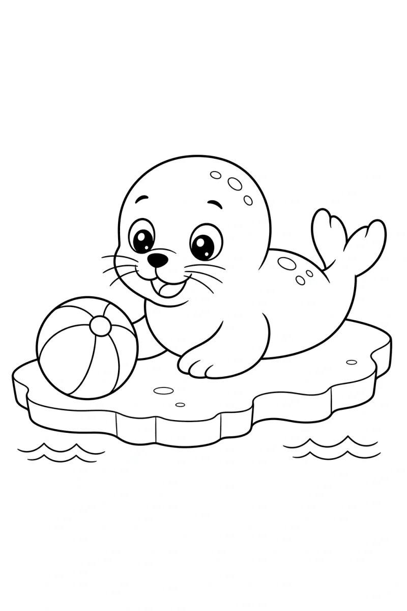 Página para colorear de foca bebé con pelota para niños