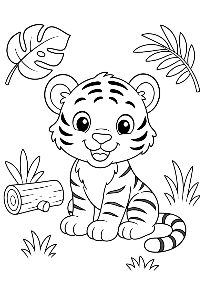 Baby Tiger Cub with Jungle Leaves Coloring Page for Kids