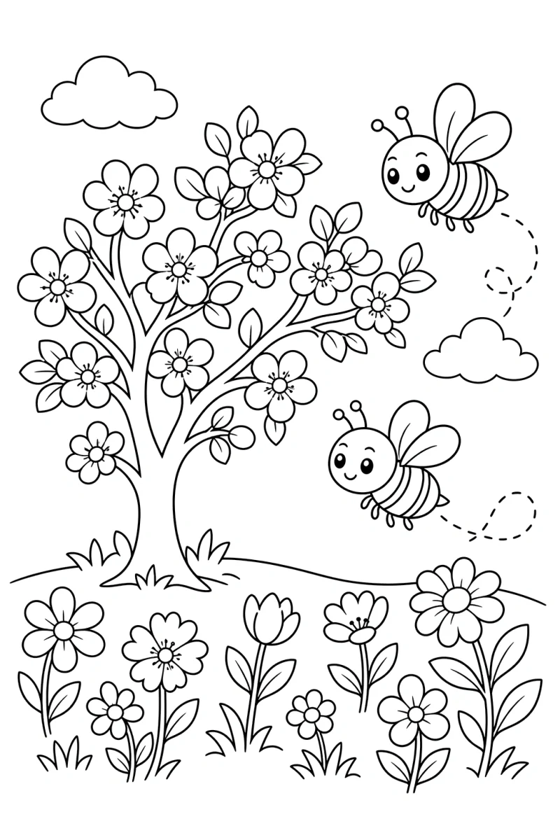 Bees in Blooming Spring Orchard Coloring Page - Free Printable Nature Scene