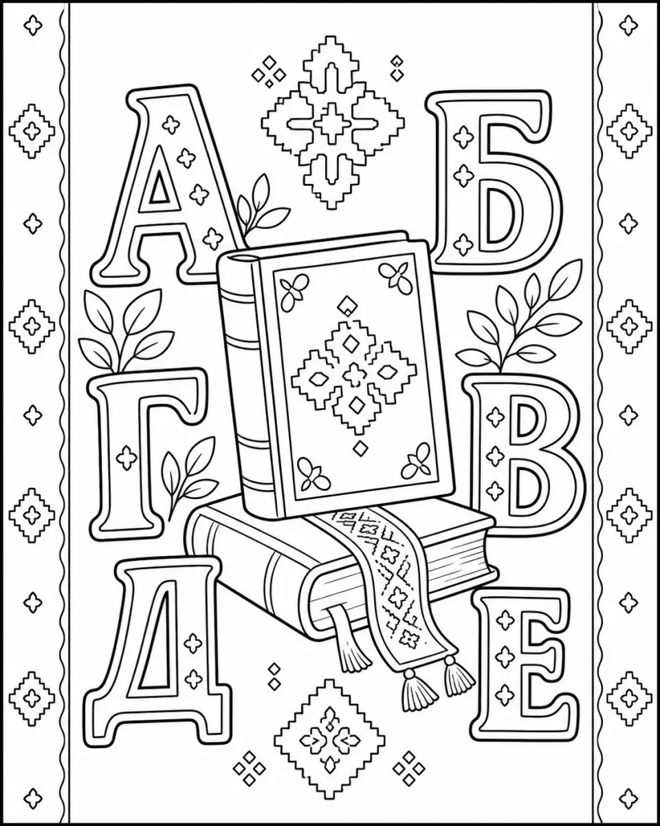 Картинка за оцветяване с букви, книги, цветя и български шевици за 24 май