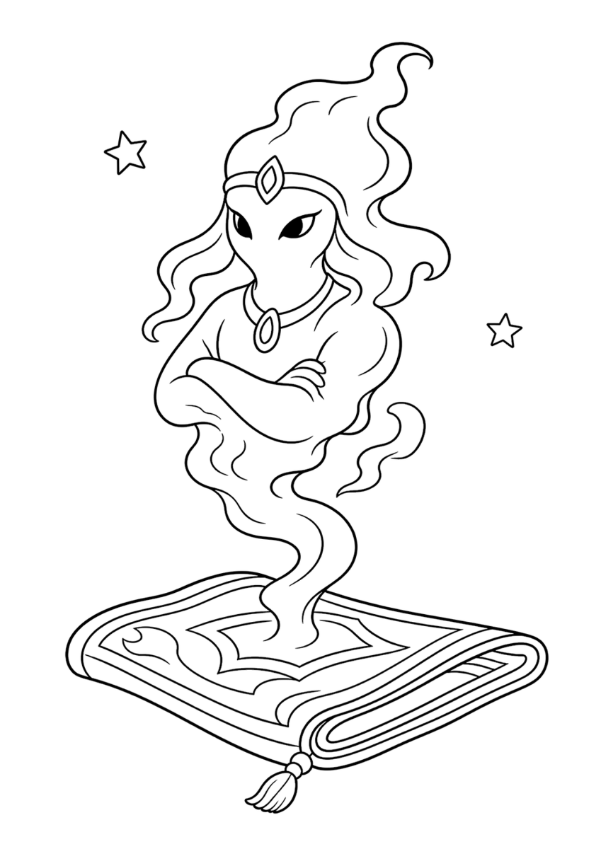 Carpet Spirit coloring page for kids, Arabian fairy tale creature