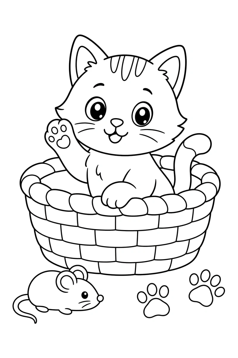 Cat in Basket Coloring Page for Kids - Free Printable Cute Kitty Page