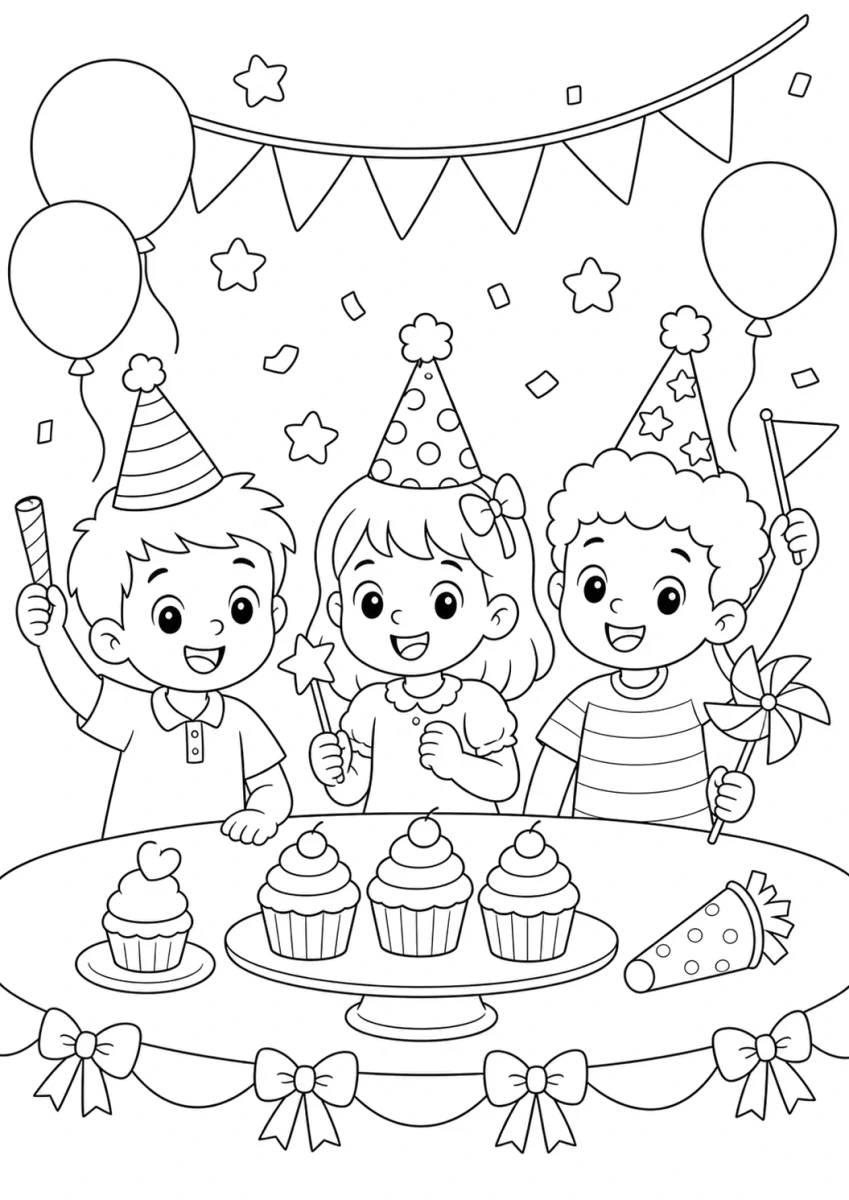 children with party hats coloring page for kids, free printable Children's Day activity