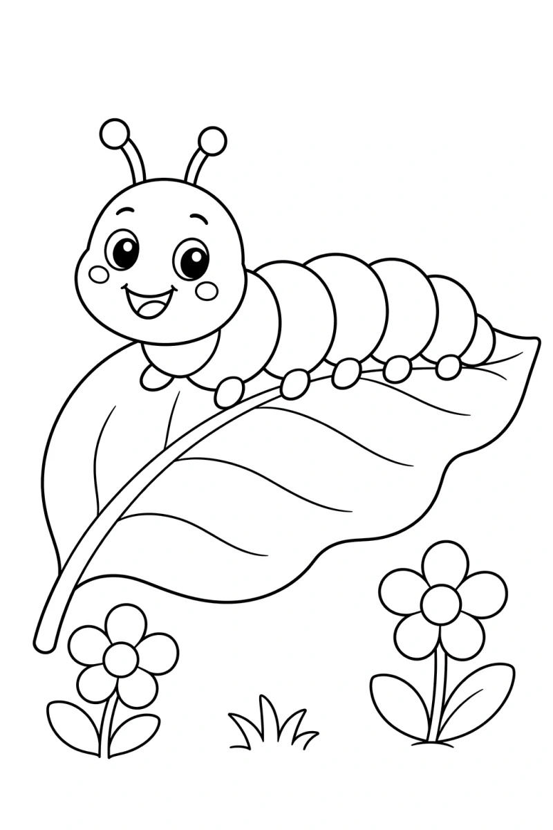 Cute Caterpillar Coloring Page for Kids - Free Printable Leaf Insect Page