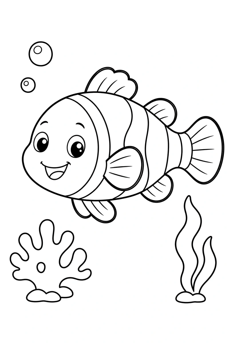 Cute Clownfish Coloring Page for Kids - Free Printable Ocean Fish Picture