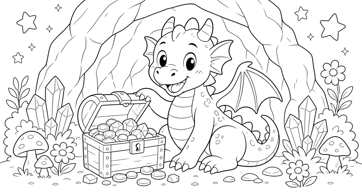 Cute Dragon with Treasure Coloring Page for Kids for kids