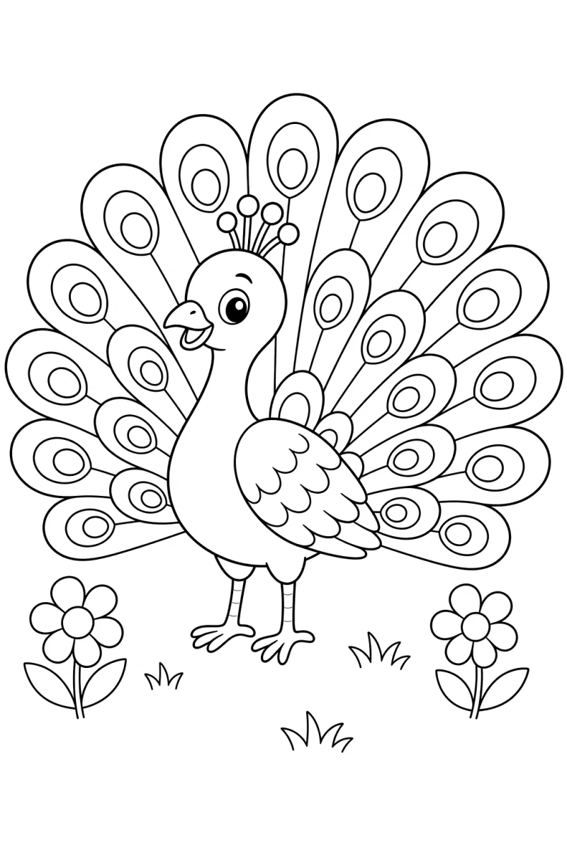 Coloriage paon mignon pour enfants - image d’oiseau gratuite à imprimer