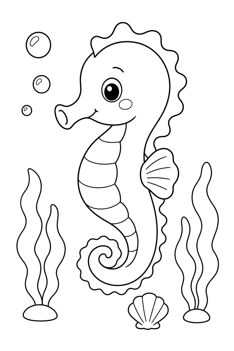 Cute Seahorse Coloring Page for Kids - Free Printable Underwater Sheet