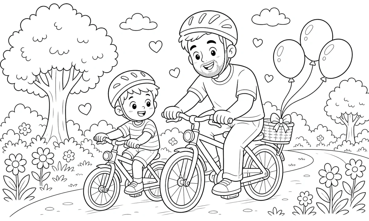 Dad and Child Bike Ride Coloring Page for Father’s Day for kids