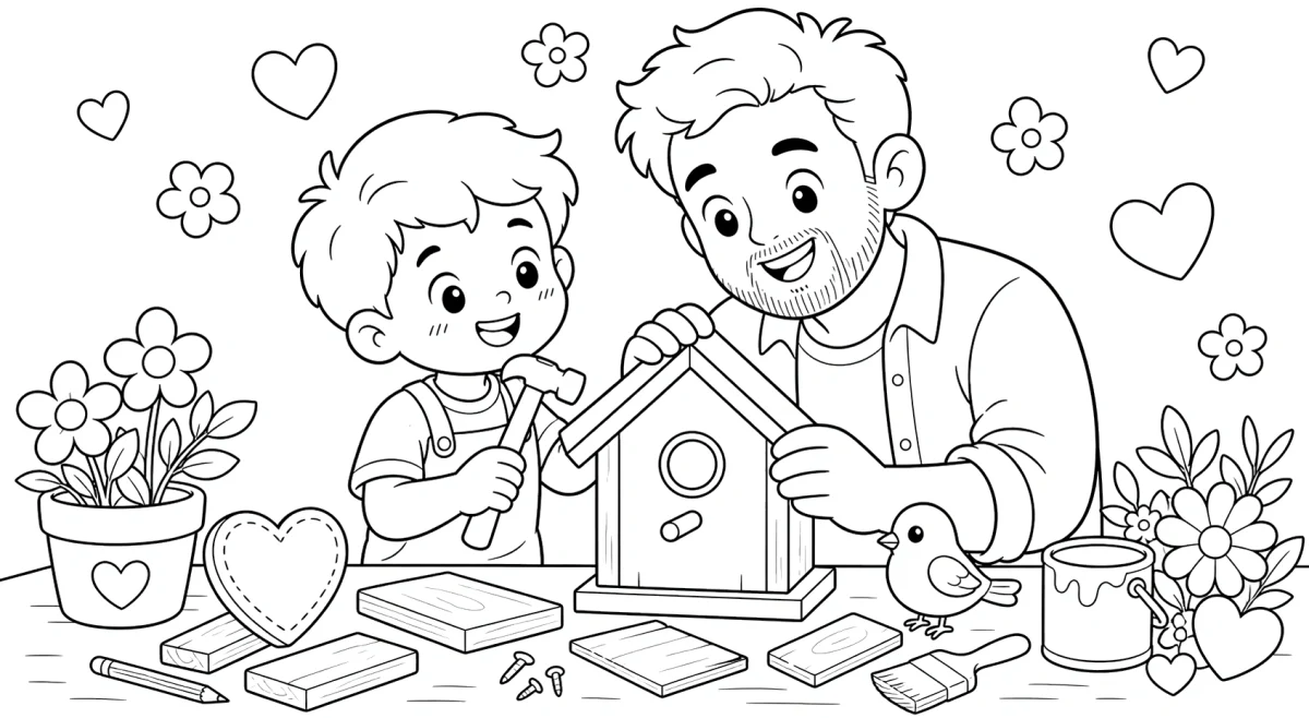 Dad and Child Building Birdhouse Coloring Page for Father’s Day for kids