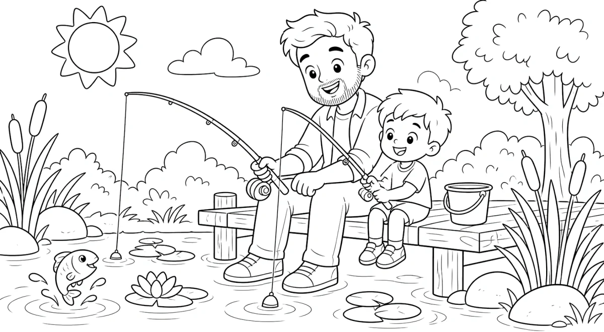 Dad and Child Fishing Coloring Page for Father’s Day for kids