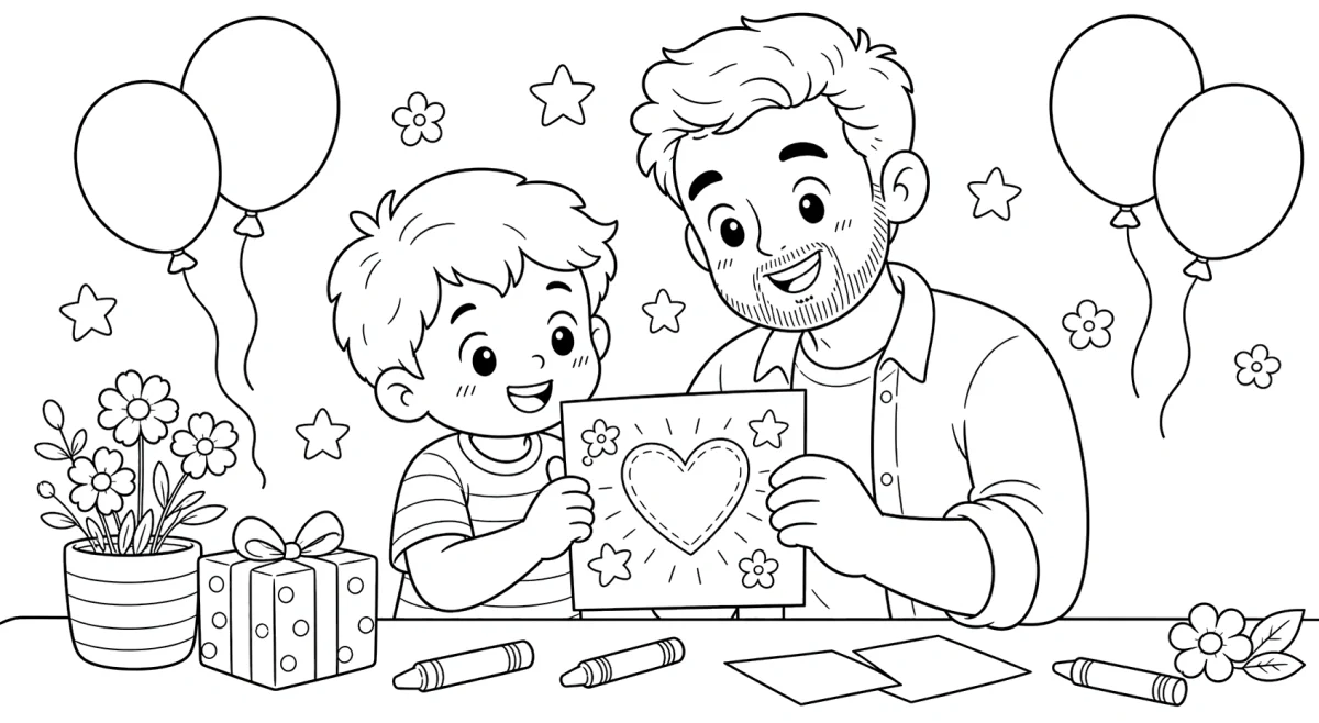 Dad and Child Heart Card Coloring Page for Father’s Day for kids