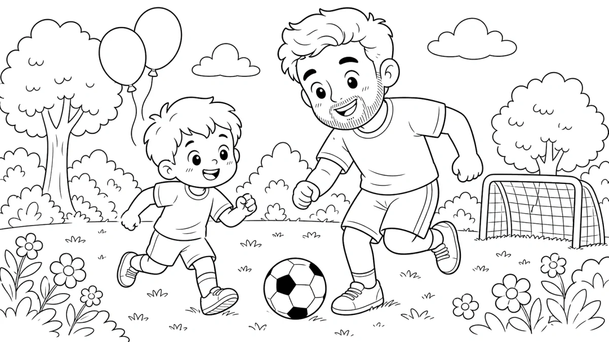 Dad and Child Soccer Coloring Page for Father’s Day for kids