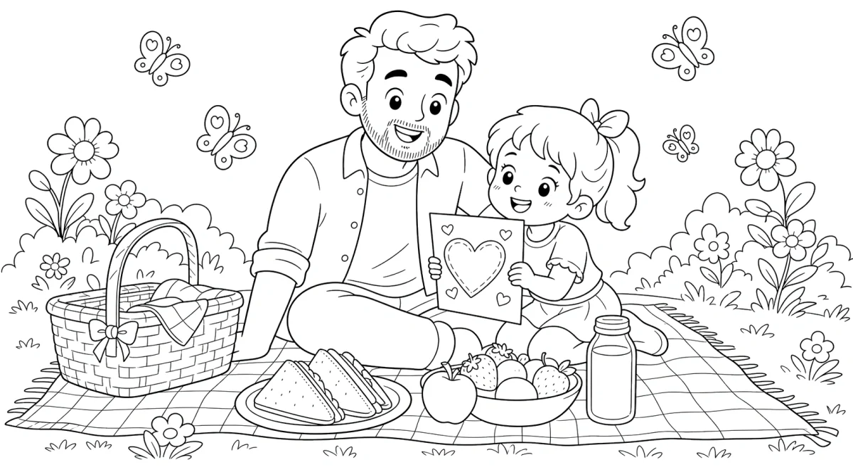 Dad and Daughter Picnic Coloring Page for Father’s Day for kids