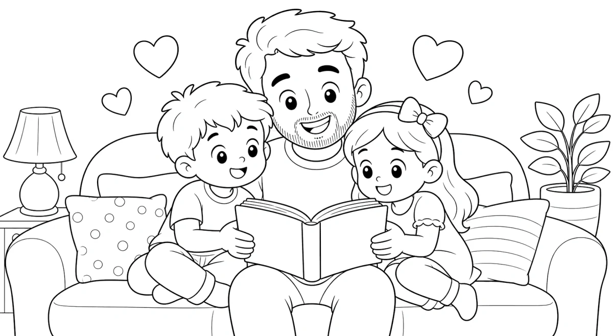 Dad Reading with Kids Coloring Page for Father’s Day for kids